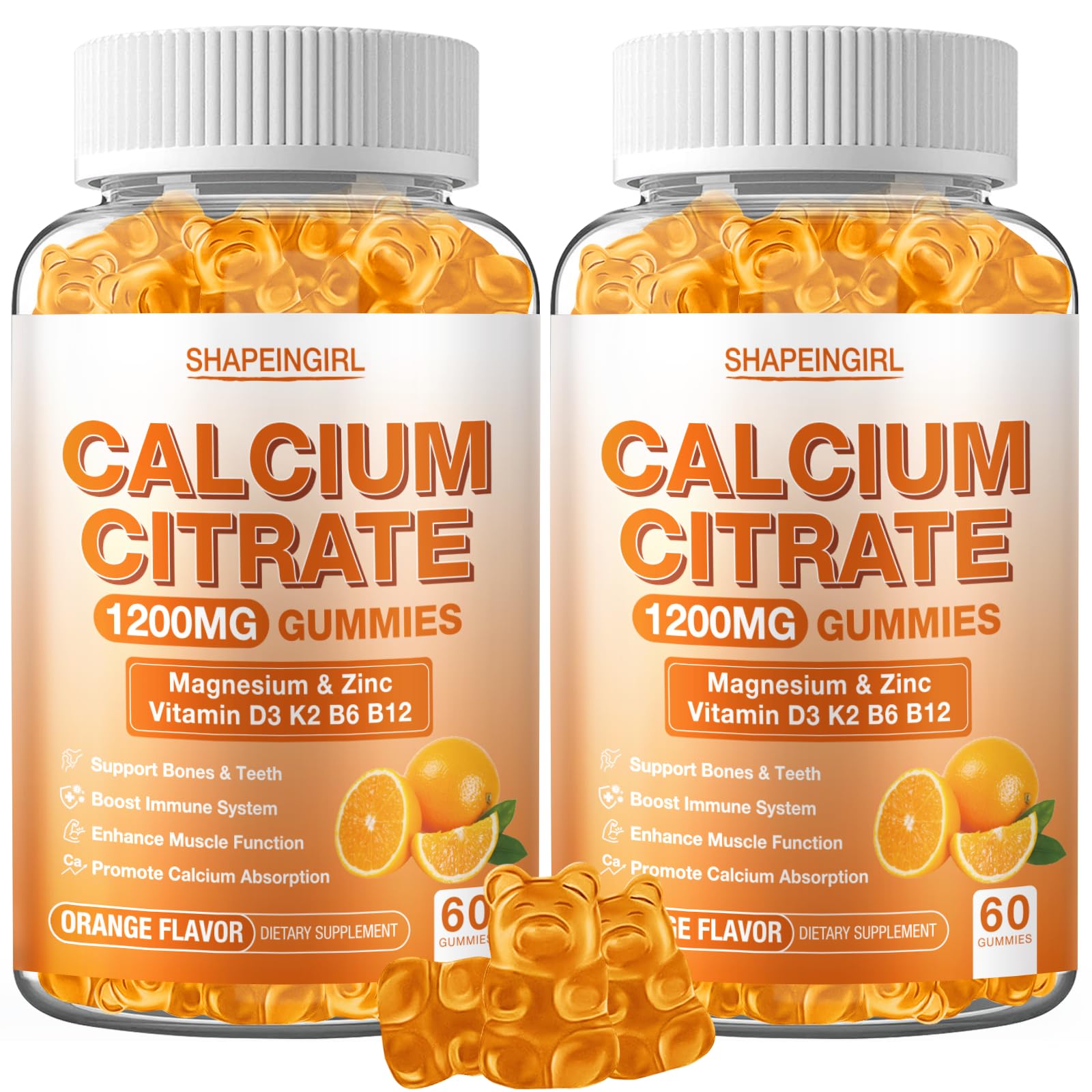 Shapeingirl calcium gummies orange flavor bottle for easy daily calcium and bone support