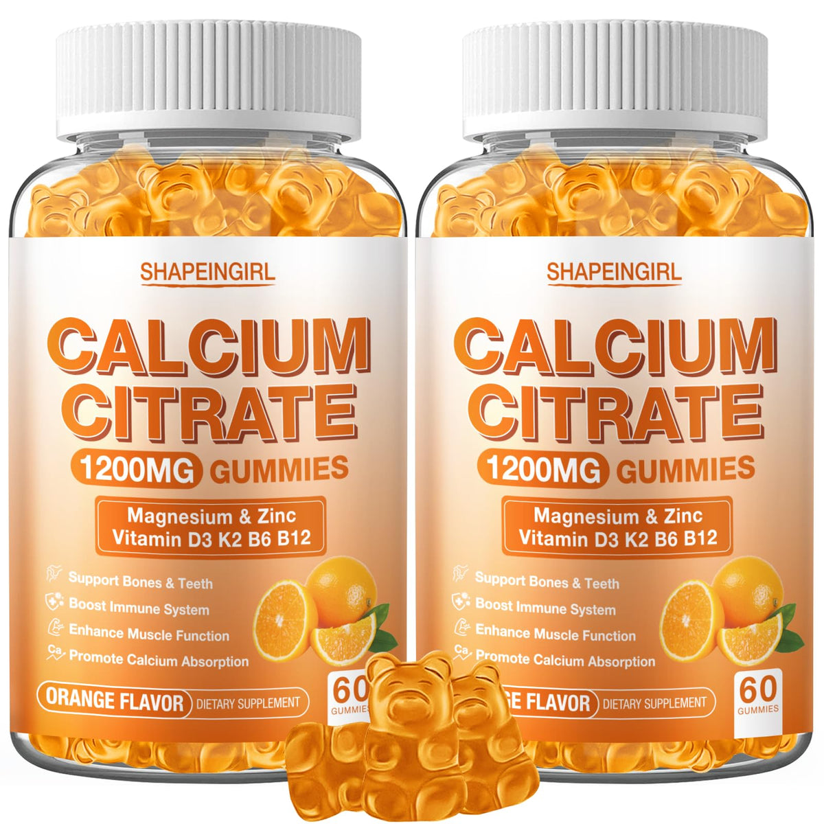 Shapeingirl calcium gummies orange flavor bottle for easy daily calcium and bone support