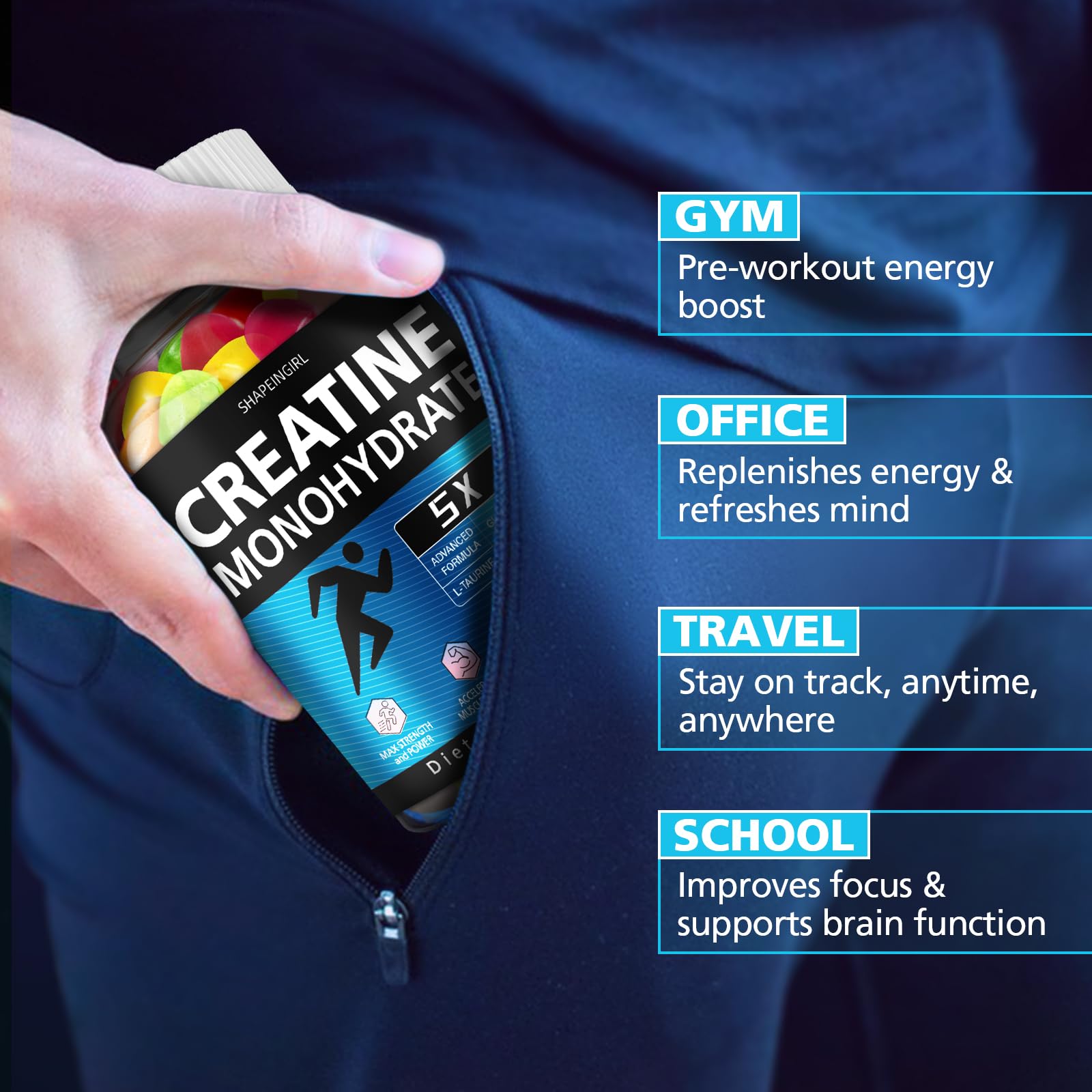 Shapeingirl Creatine Gummies on-the-go pack for easy daily fueling.