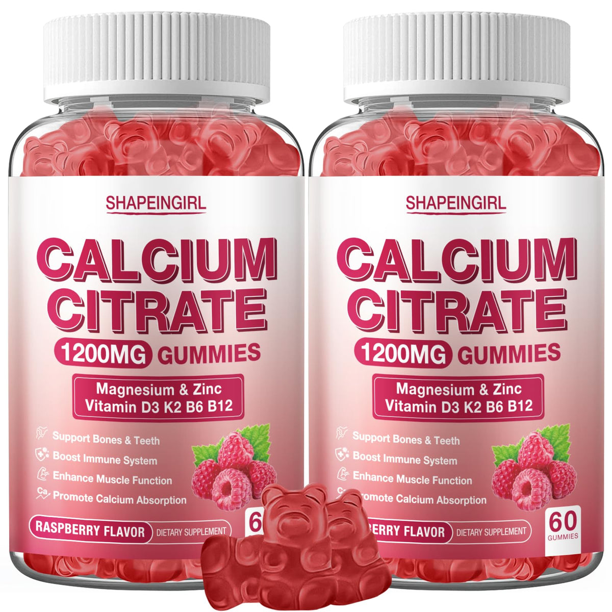 SHAPEINGIRL calcium citrate gummies bottle with raspberry flavor supports bone health and daily vitality.