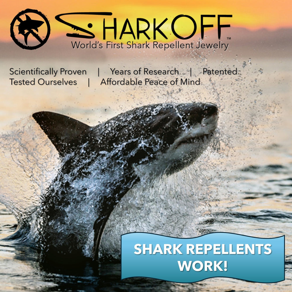 Shark OFF bracelet worn during surfing for safer waves and confidence.