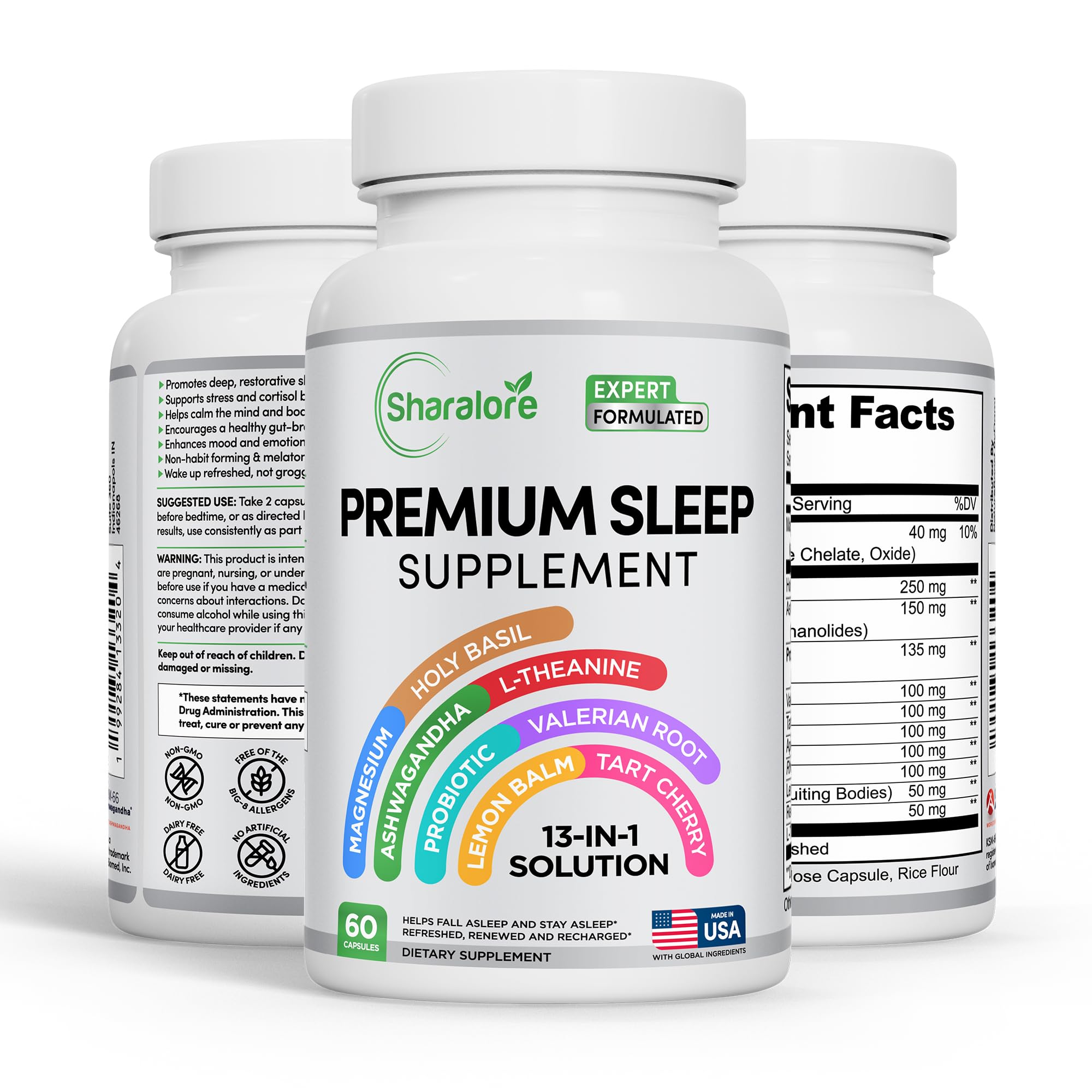 Sharalore sleep aid bottle closeup highlighting capsules for restful nights