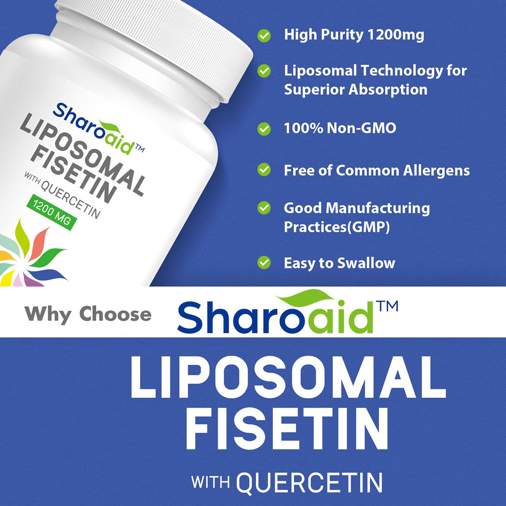 Sharoaid liposomal fisetin label closeup reveals premium GMP-UK production standards