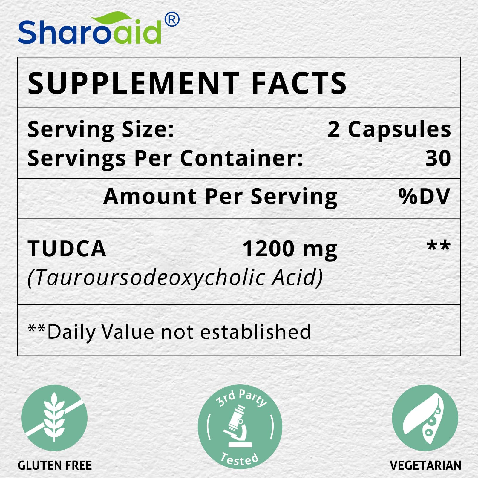 Sharoaid TUDCA bottle label shows 1200 mg potency for liver support