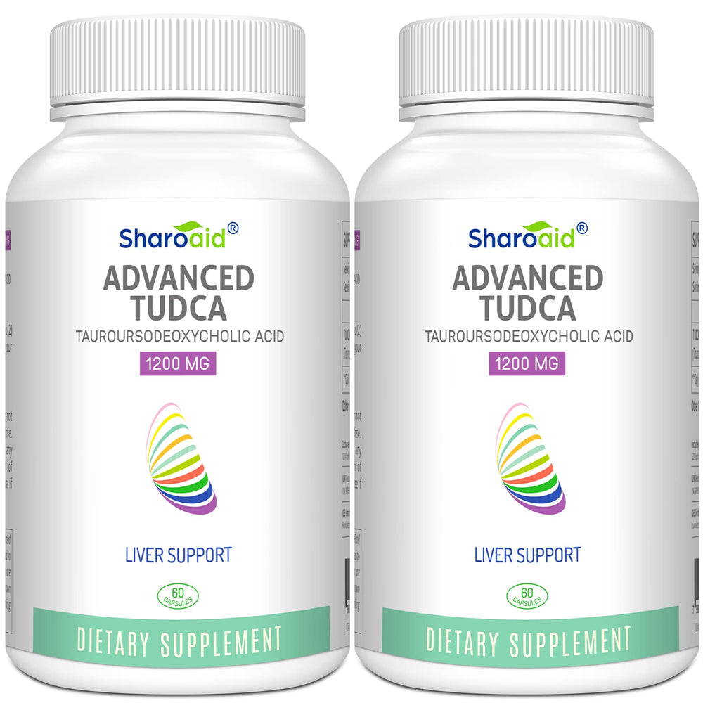 Sharoaid TUDCA liver support bottle front showing high-strength 1200 mg formula.