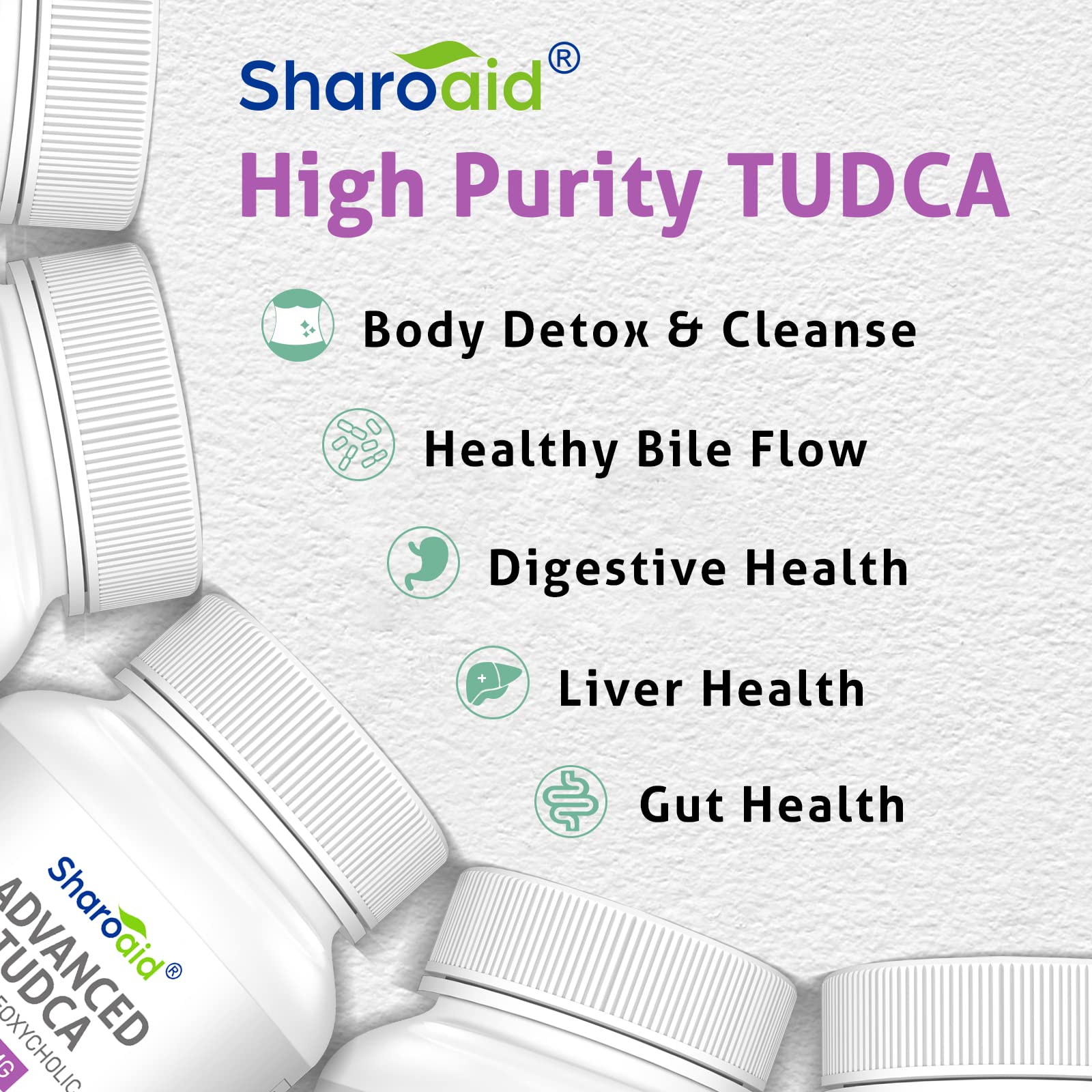Sharoaid TUDCA packaging on display with clean branding for nutrition