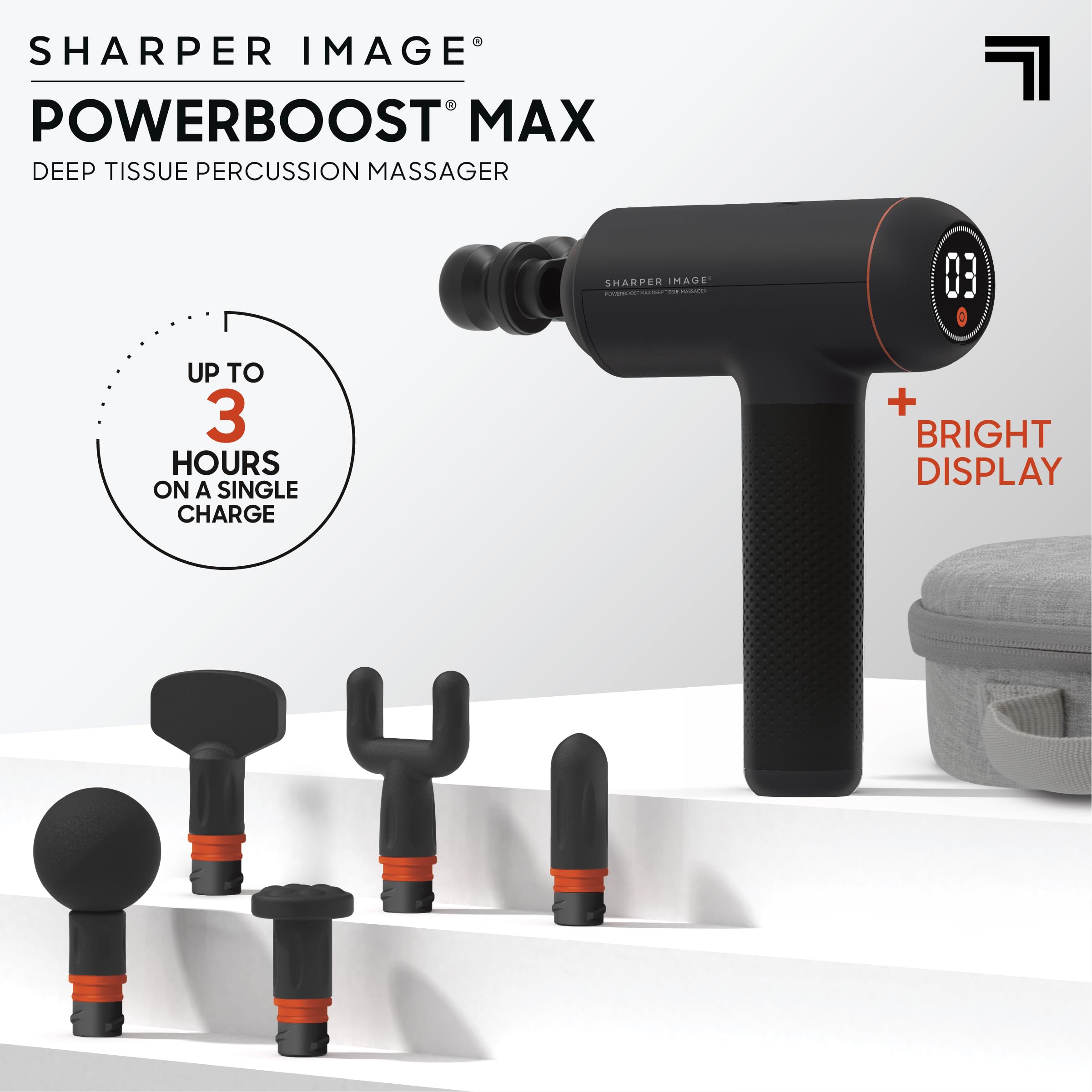 Sharper Image Powerboost MAX includes six interchangeable attachments for targeted muscle work.
