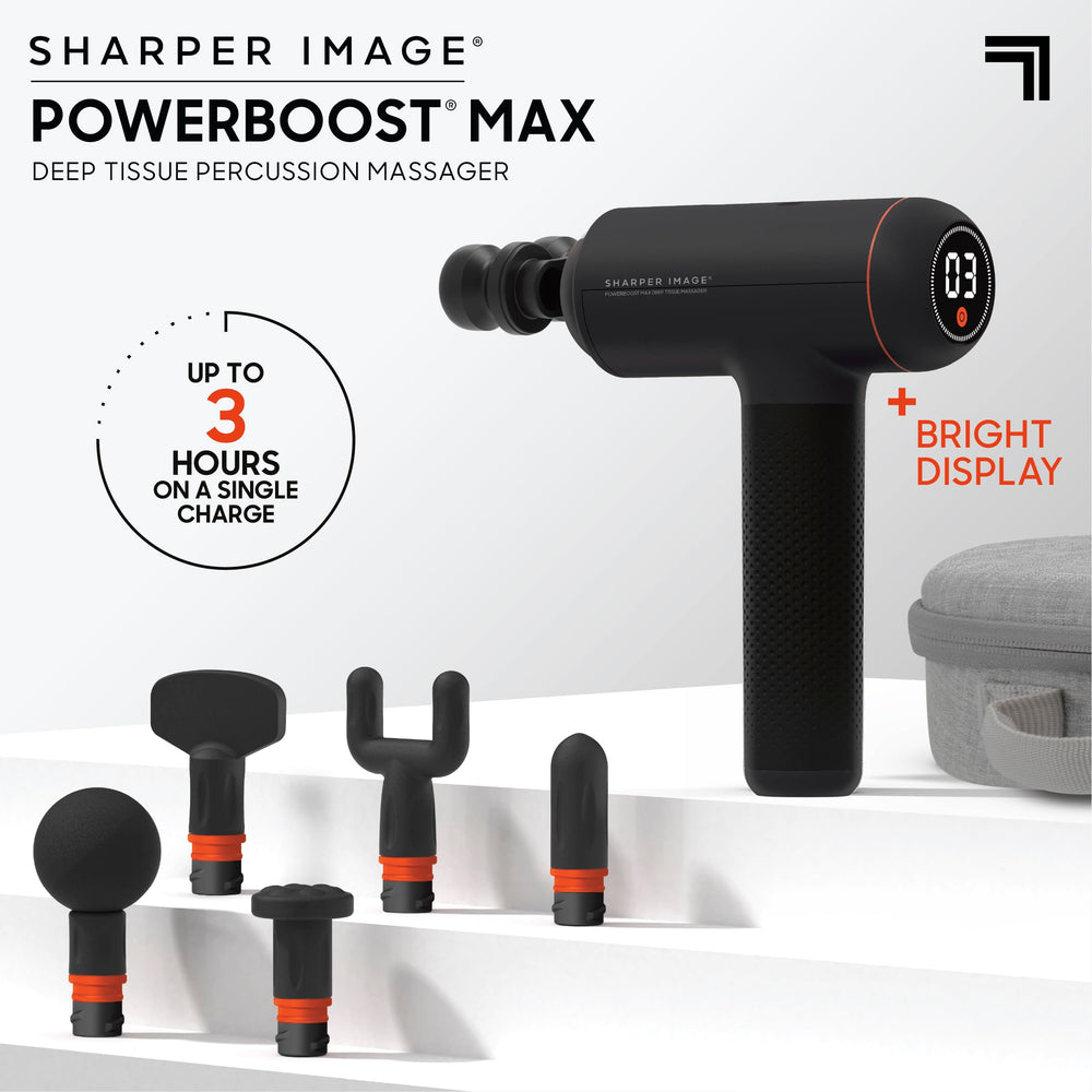 Sharper Image Powerboost MAX includes six interchangeable attachments for targeted muscle work.