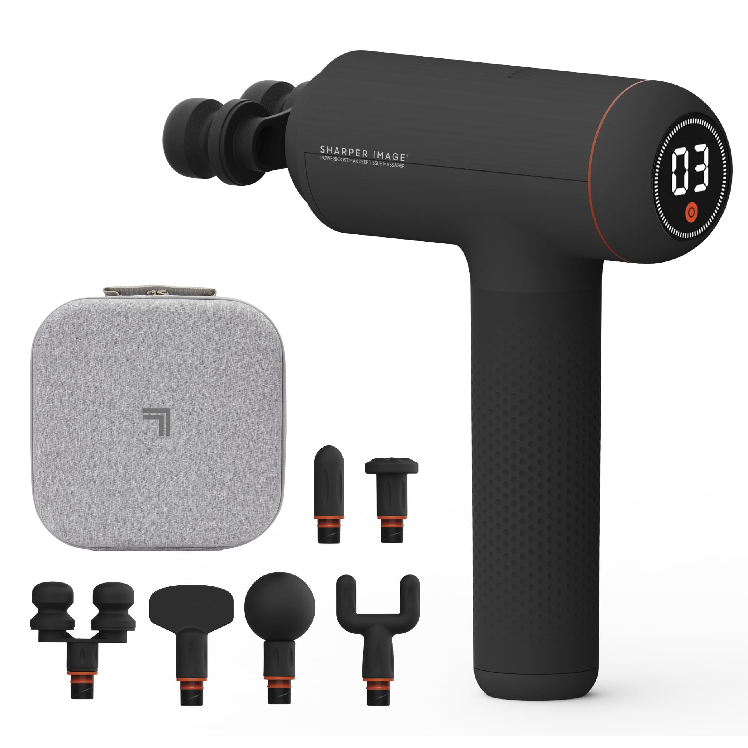 Sharper Image Powerboost MAX massage gun delivers deep tissue percussion for post-workout relief.