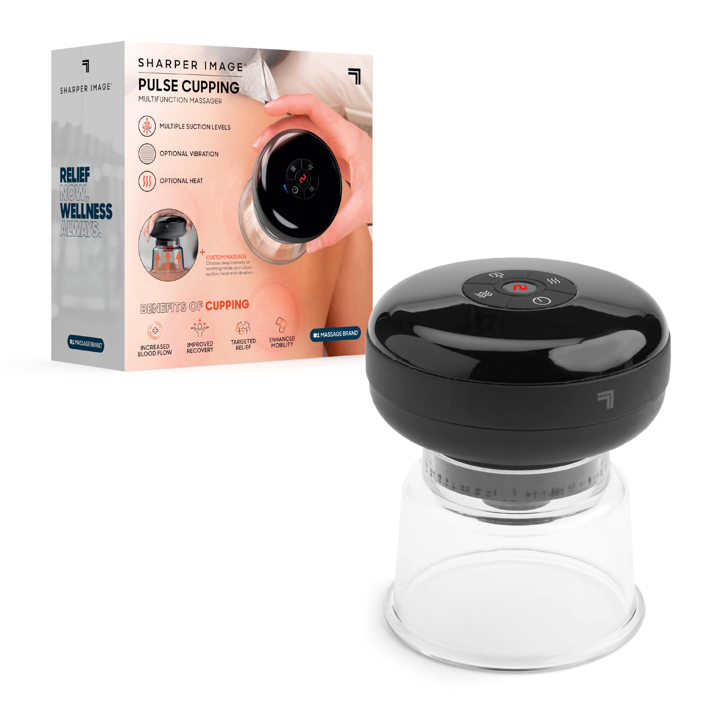 Sharper Image Pulse cupping massager with cups-small for focused relief on tight shoulders.