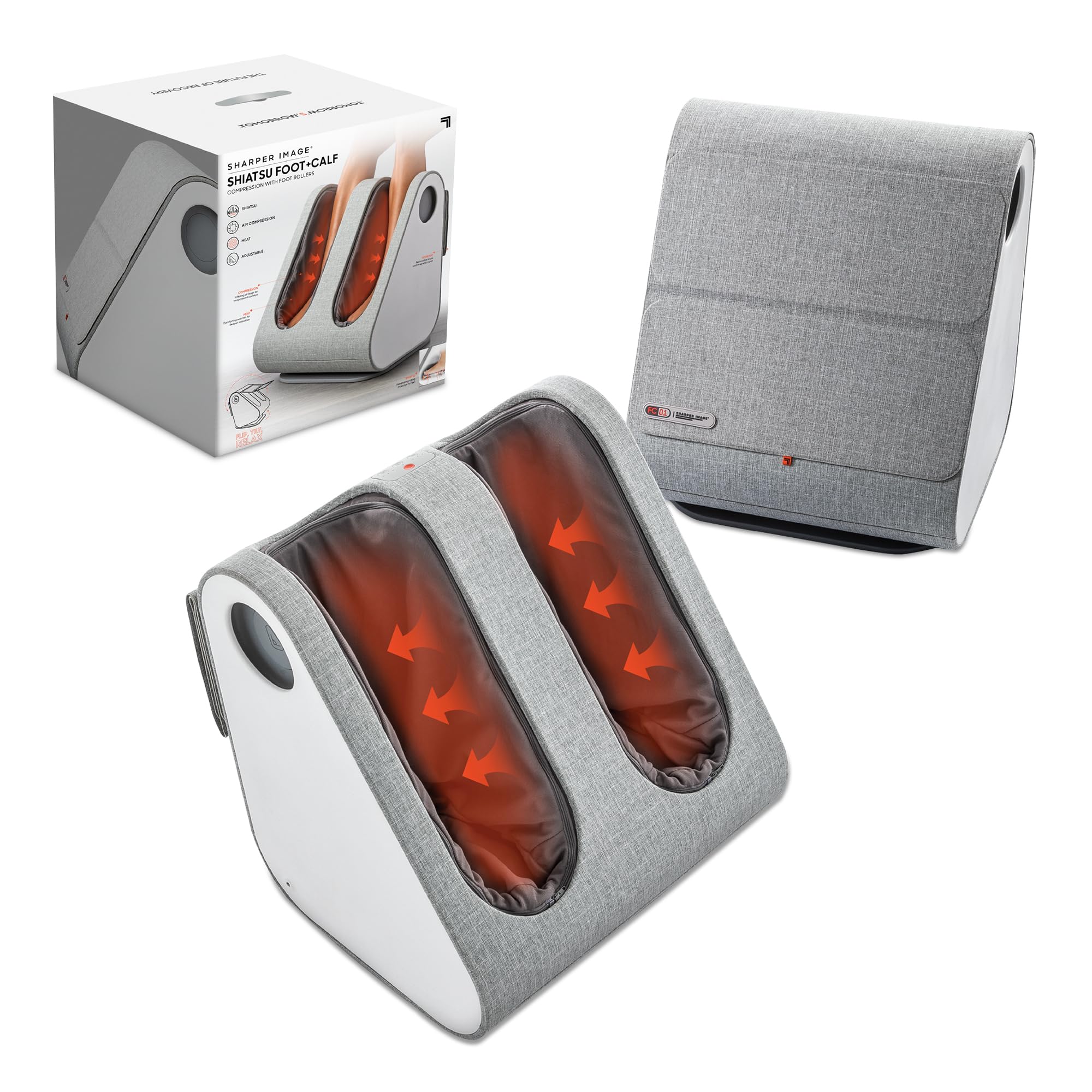Sharper Image shiatsu foot and calf massager with deep kneading rollers for relief.