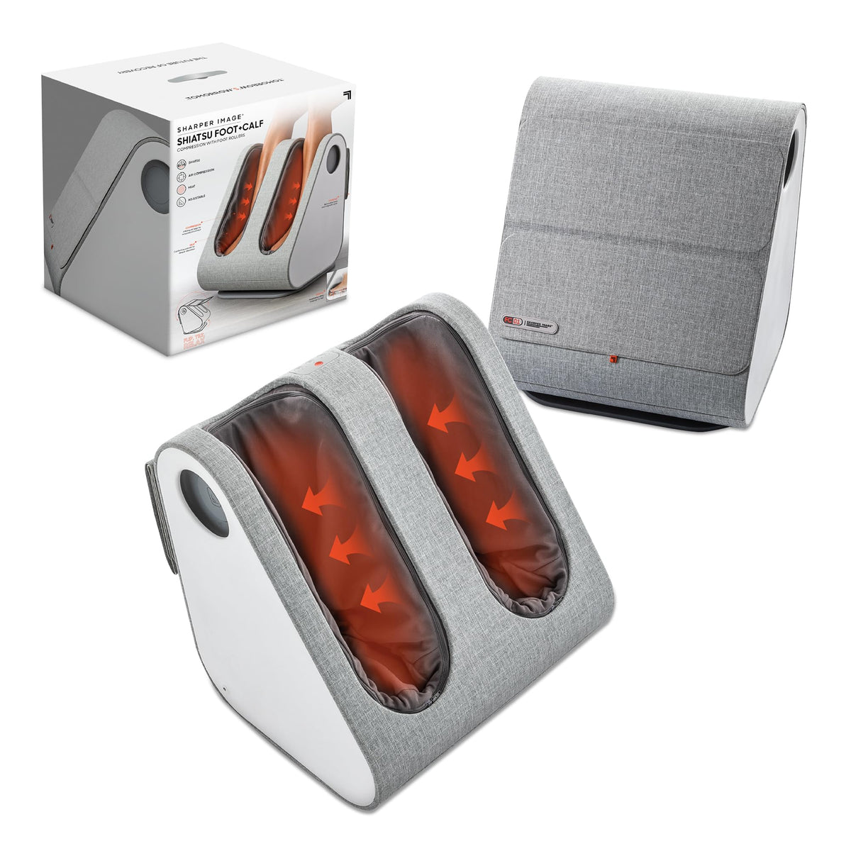 Sharper Image shiatsu foot and calf massager with deep kneading rollers for relief.