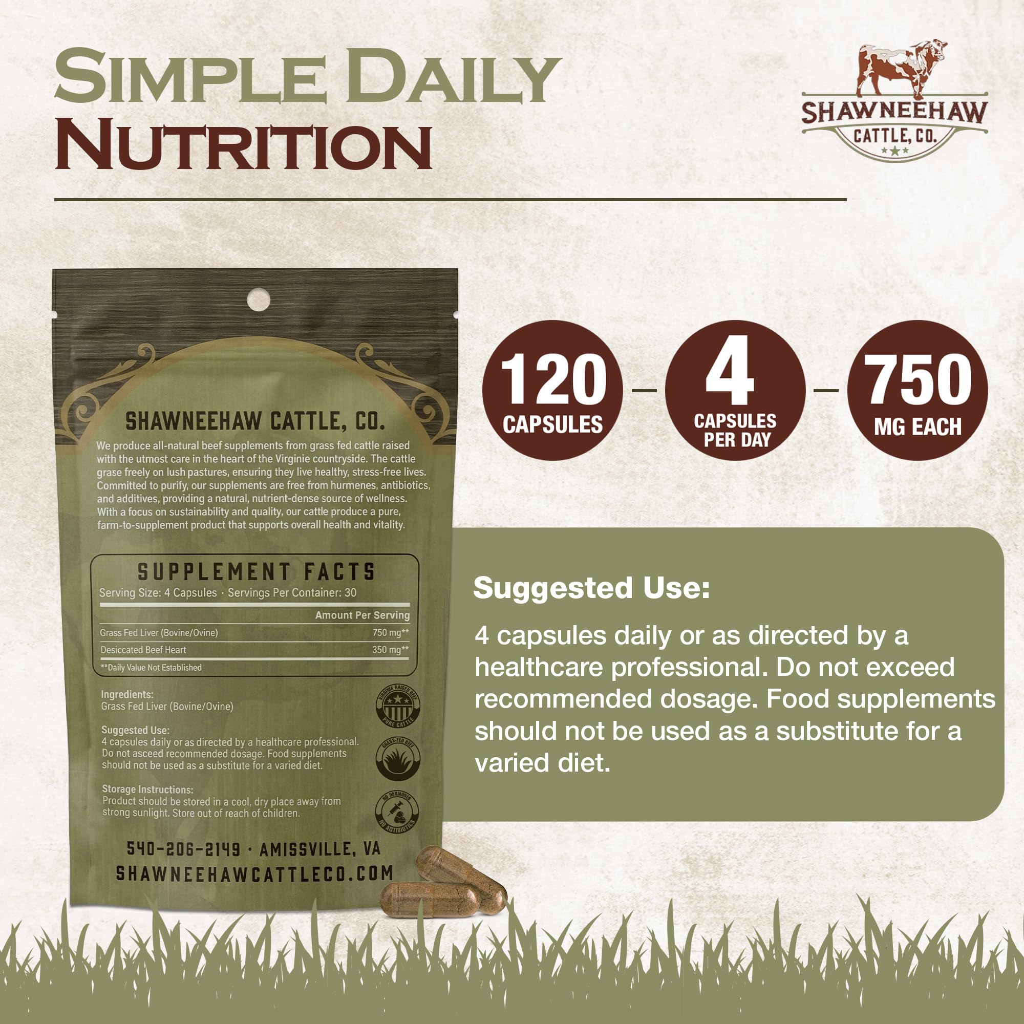 Shawneehaw Cattle freeze-dried liver bottle showing capsules for convenient energy and recovery.