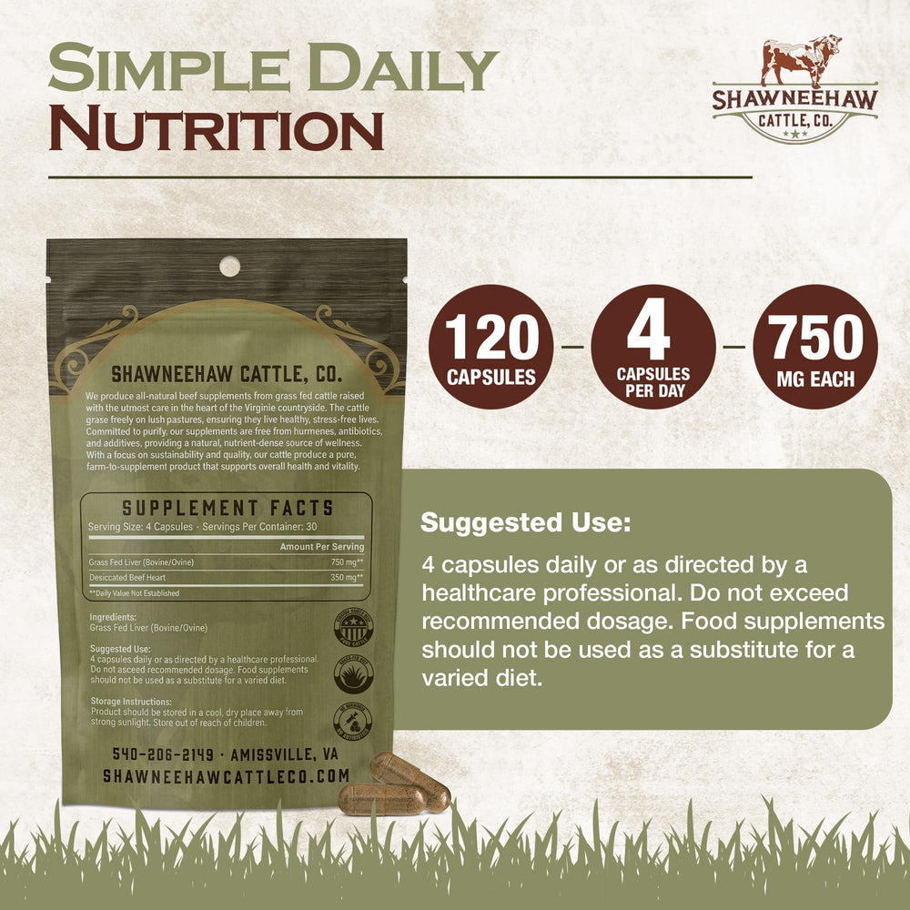 Shawneehaw Cattle freeze-dried liver bottle showing capsules for convenient energy and recovery.