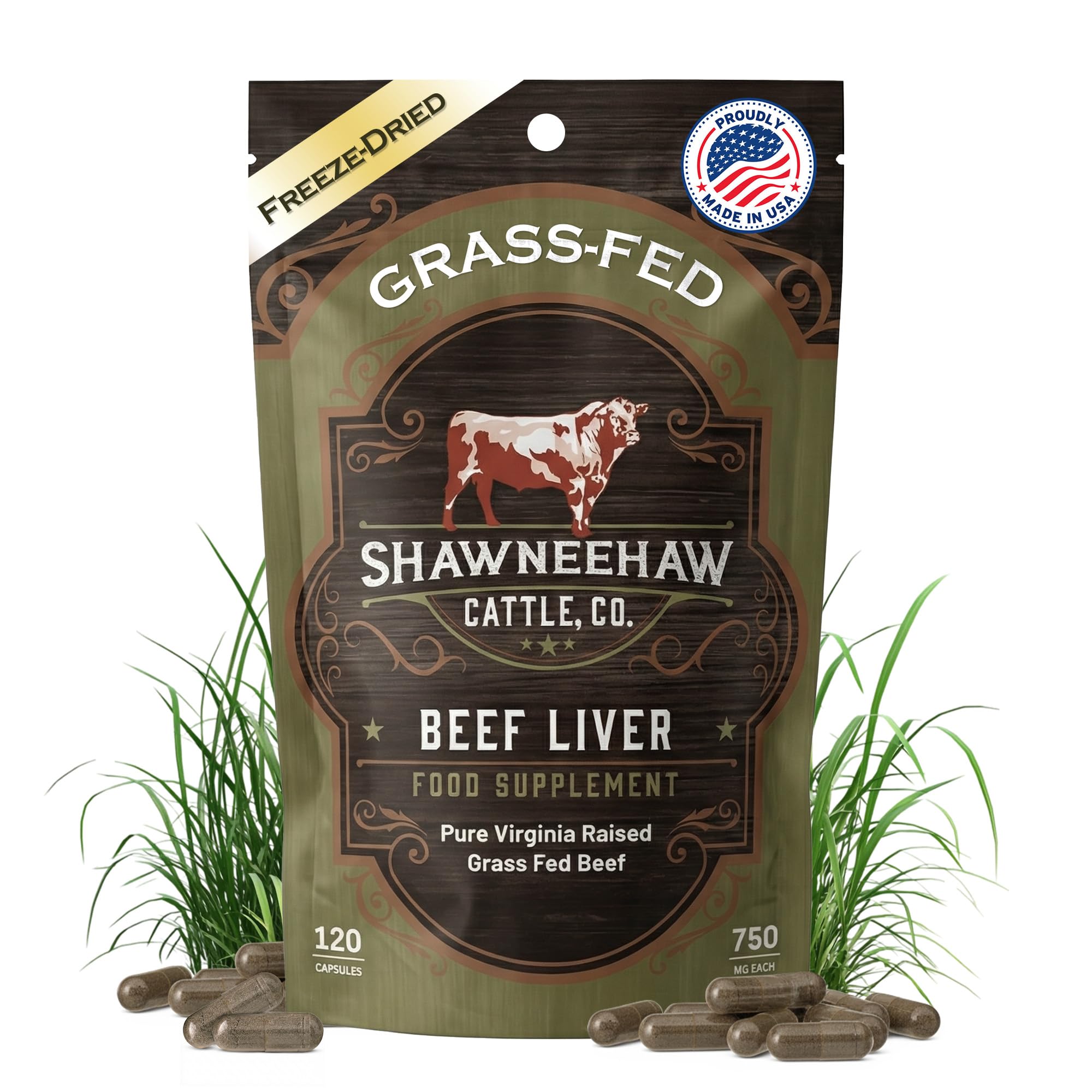 Shawneehaw Cattle grass-fed liver capsules for daily nutrient support.