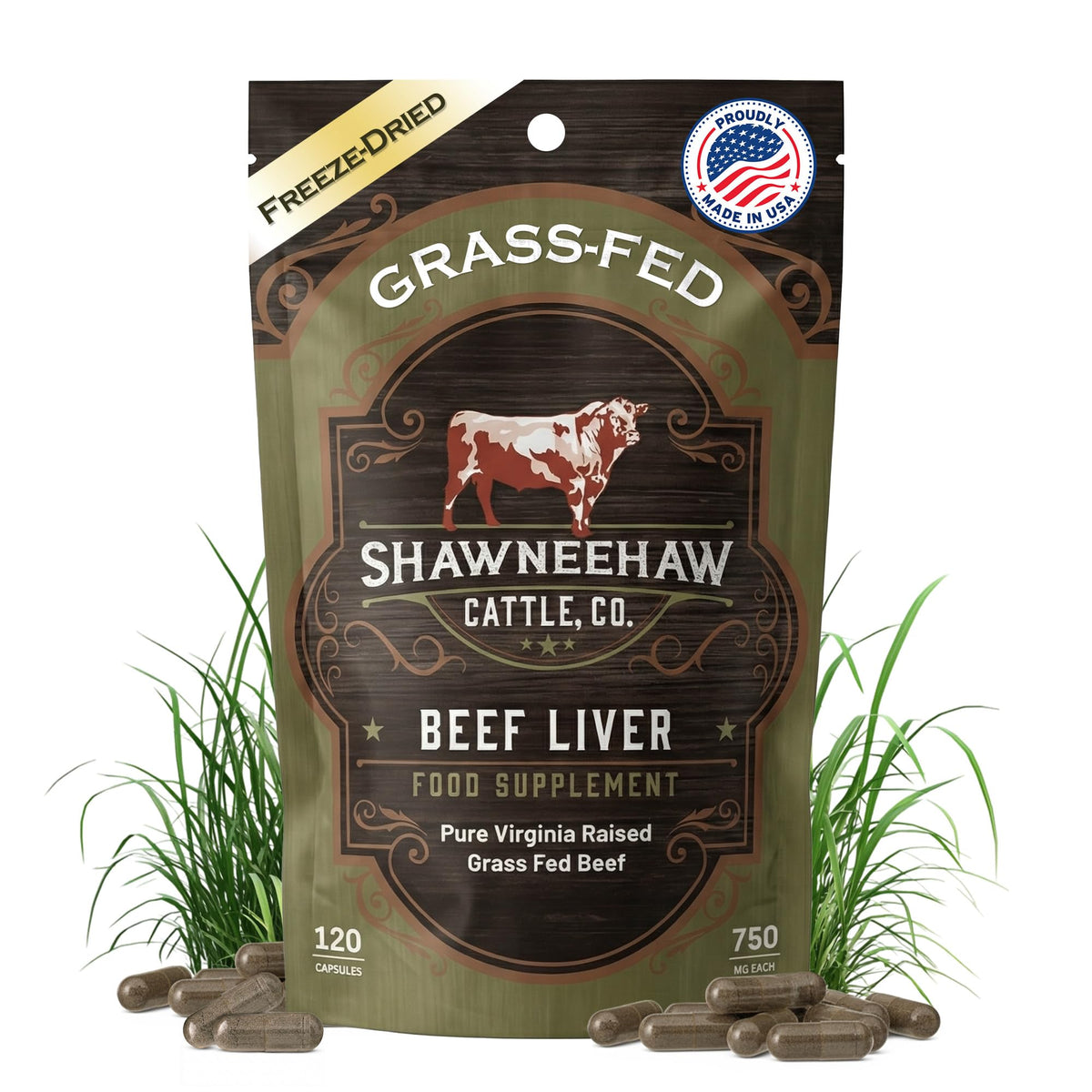 Shawneehaw Cattle grass-fed liver capsules for daily nutrient support.