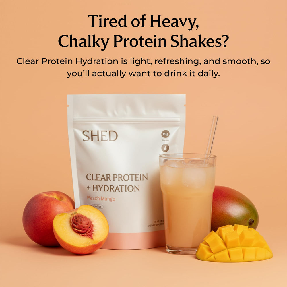 Glass of Peach Mango Shed Clear Protein highlighting clean hydration and flavor