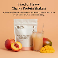 Glass of Peach Mango Shed Clear Protein highlighting clean hydration and flavor