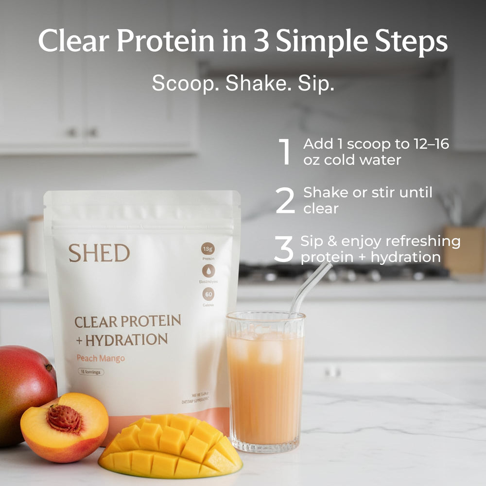Close-up of Shed Clear Protein ingredients with electrolytes and whey isolate for hydration-focused recovery