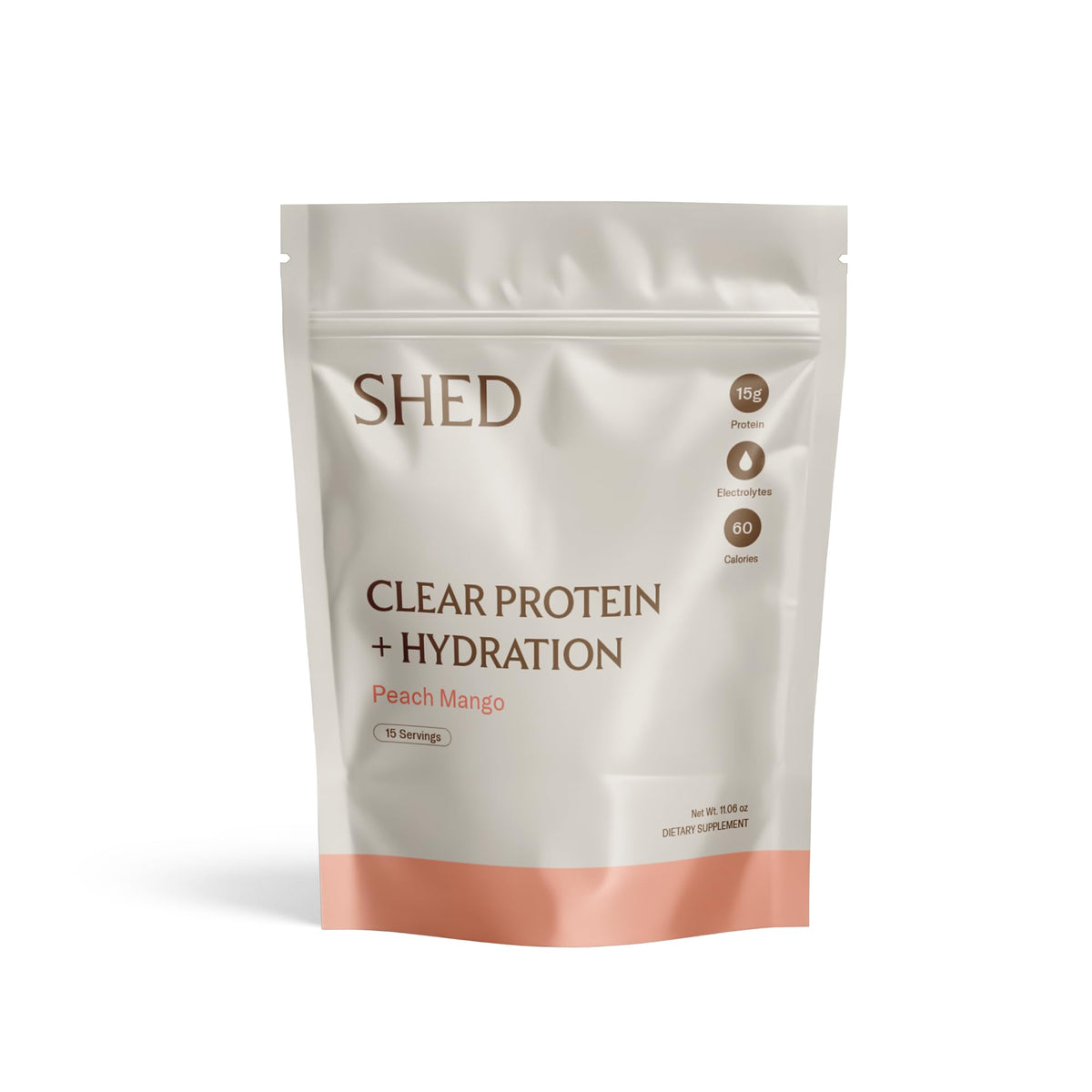 Shed Nutrition Clear Protein bottle with Peach Mango electrolytes for refreshing post-workout hydration