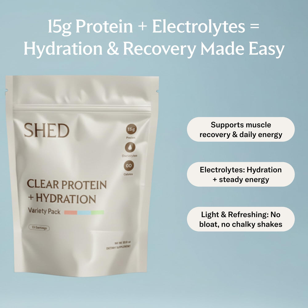 Shed Nutrition Clear Protein Mix Glass highlights a refreshing, hydration-friendly protein drink.