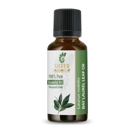 Sheer Essence Bay Laurel Leaf Oil bottle provides pure aroma for aromatherapy sessions.