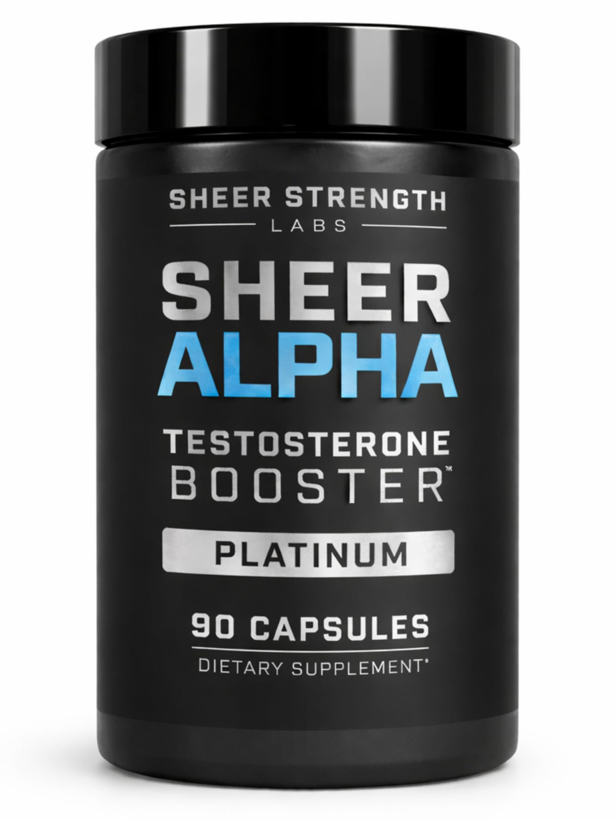 Sheer Strength Alpha bottle close-up showing premium formula for workouts