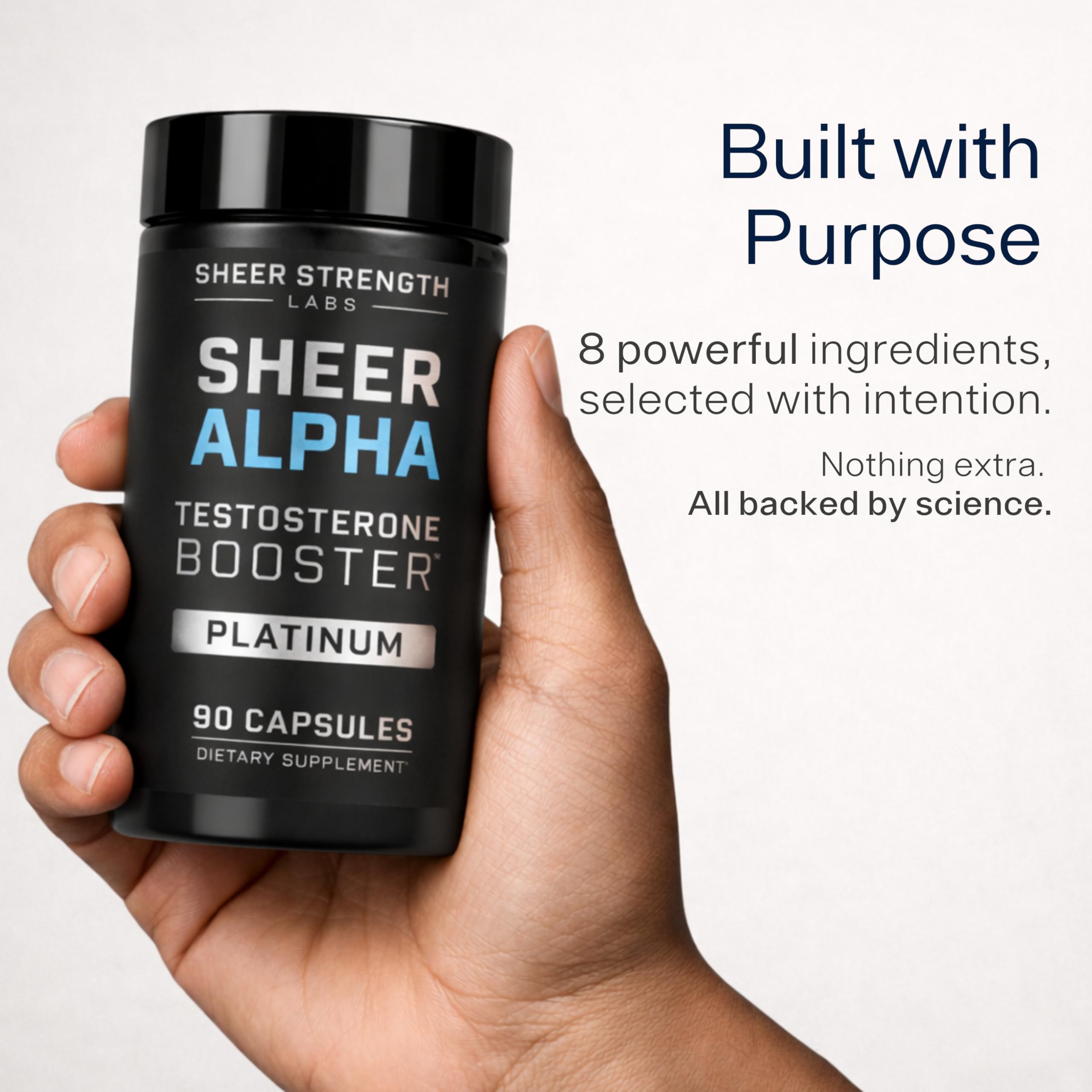 Sheer Strength Alpha ingredient label featuring Fadogia Agrestis and Shilajit