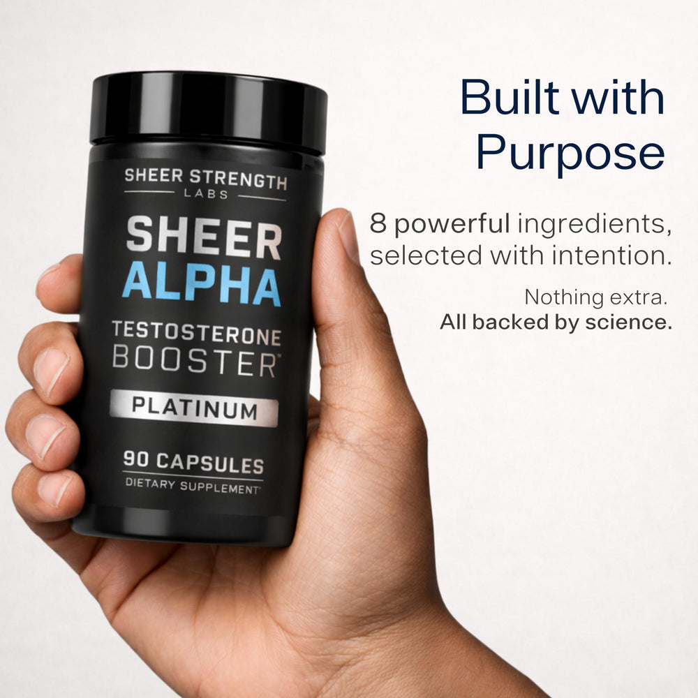 Sheer Strength Alpha ingredient label featuring Fadogia Agrestis and Shilajit