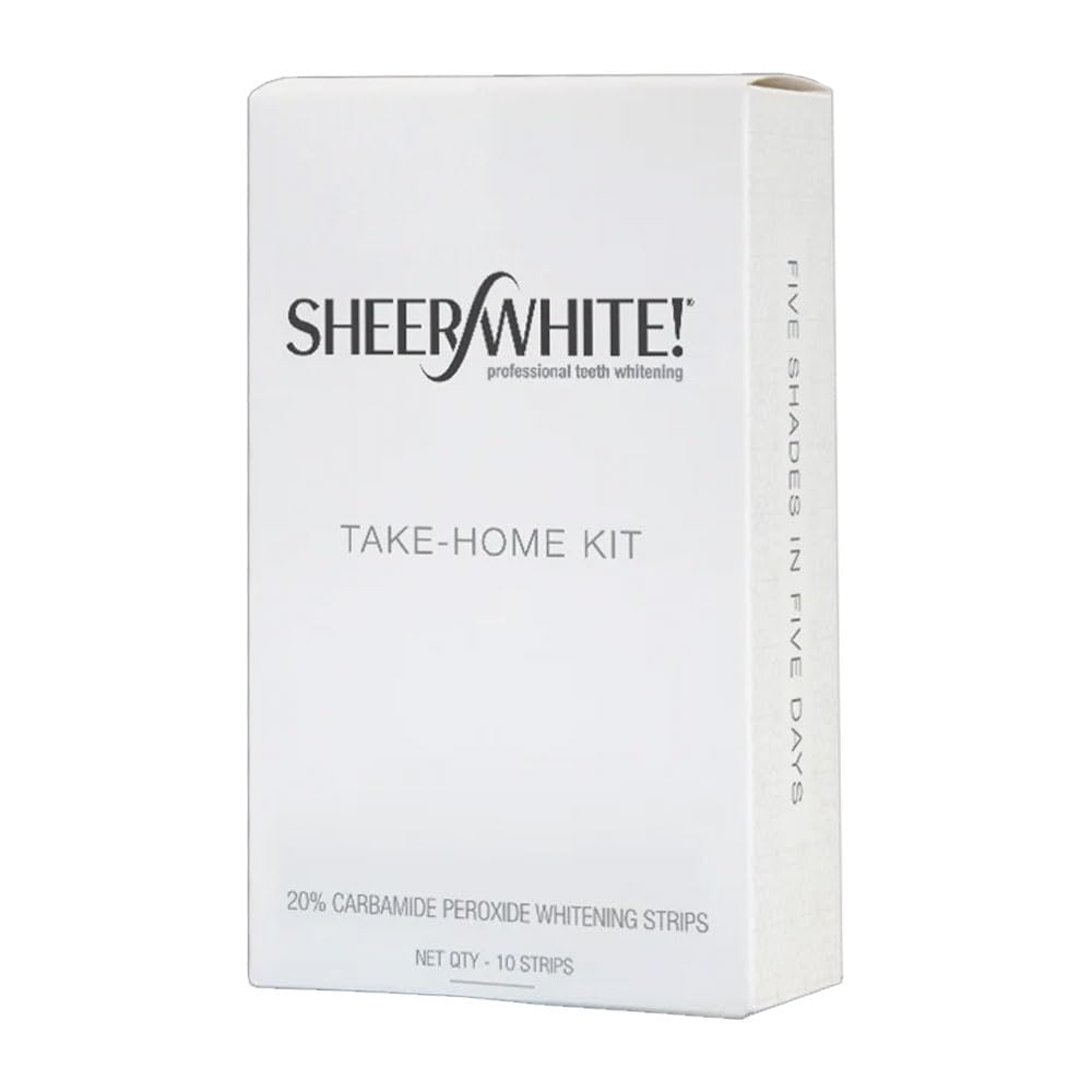 Sheer White! pack front showing five upper and five lower strips for easy at-home whitening.