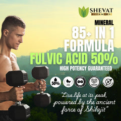 SHEVAT VITAMINS Shilajit capsules close-up, highlighting fulvic acid for mineral-rich wellness.
