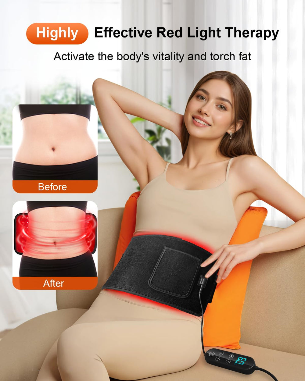 SHEVIEW red light therapy pad knee-use image demonstrating versatile joint-friendly positioning