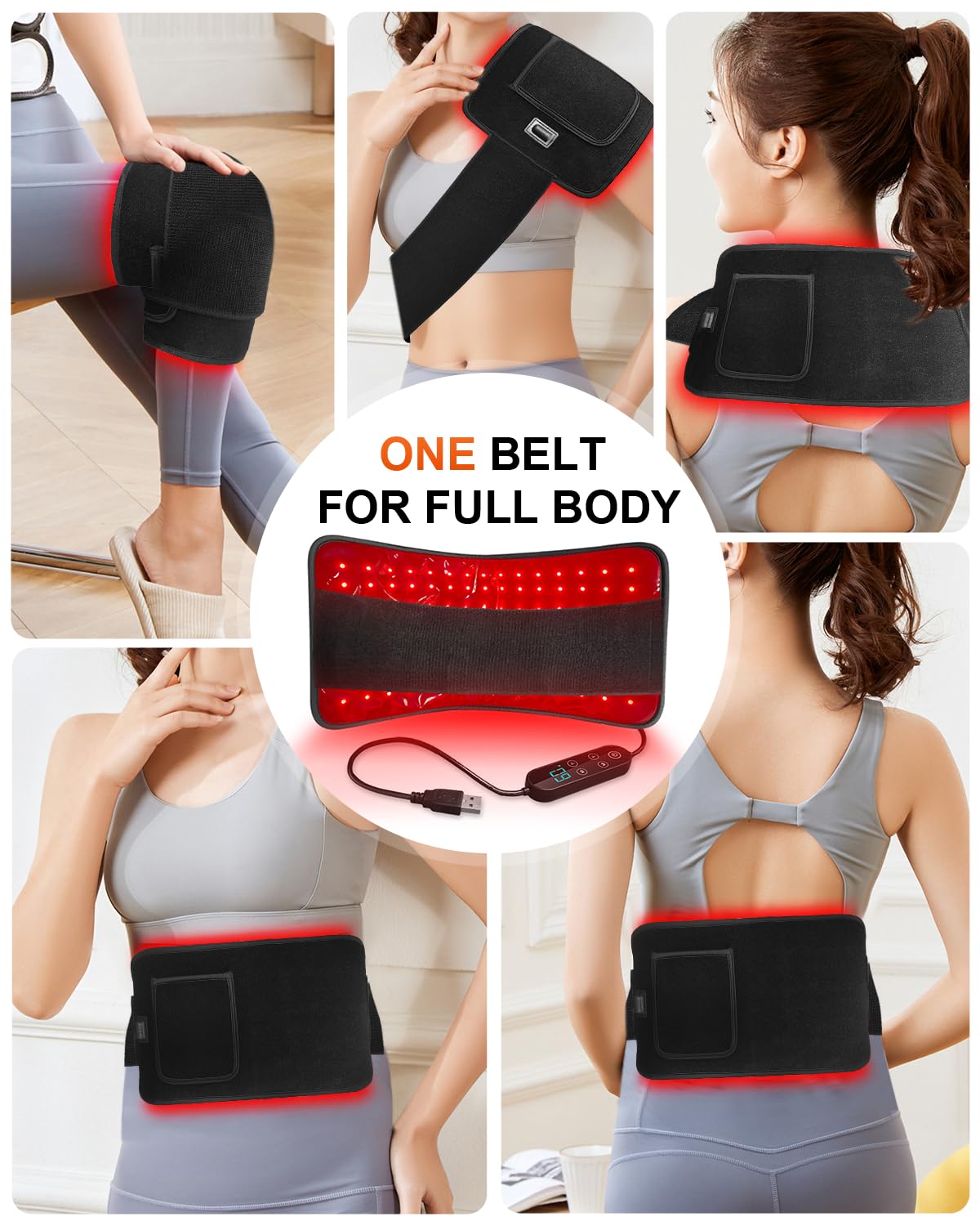 SHEVIEW red light therapy pad portable-use image showing charging options for on-the-go sessions