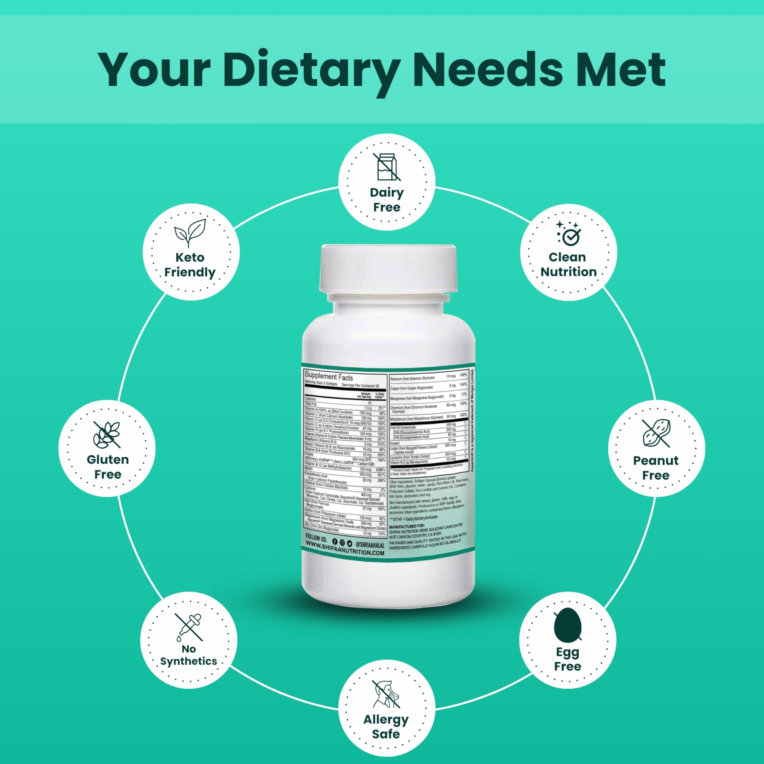 SHIFAA NUTRITION dairy-free and gluten-free icon on packaging