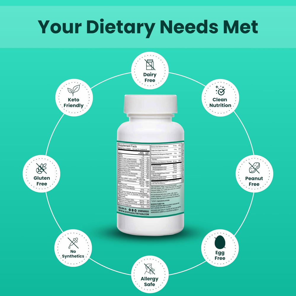 SHIFAA NUTRITION dairy-free and gluten-free icon on packaging