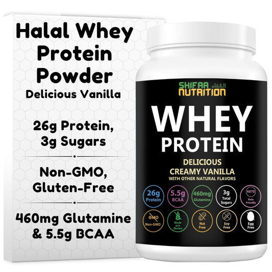 SHIFAA NUTRITION vanilla whey protein bottle ready for post-workout recovery prep