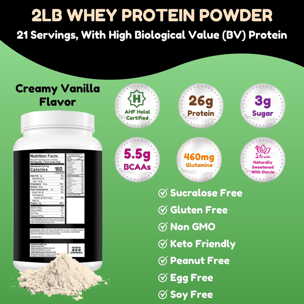 SHIFAA NUTRITION halal-certified vanilla whey powder tub supports lean muscle goals