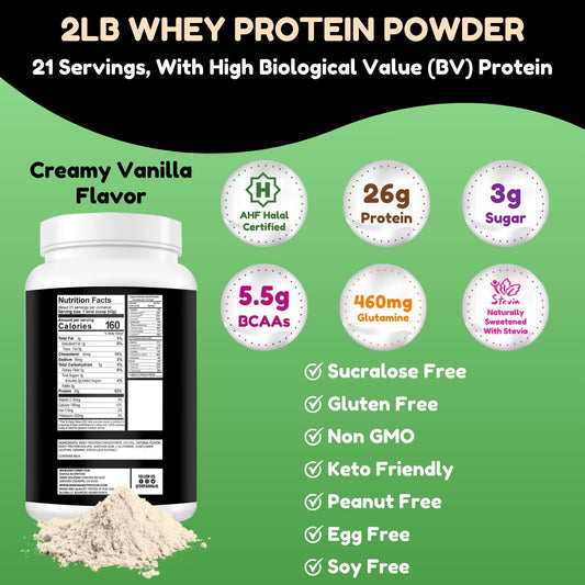 SHIFAA NUTRITION halal-certified vanilla whey powder tub supports lean muscle goals