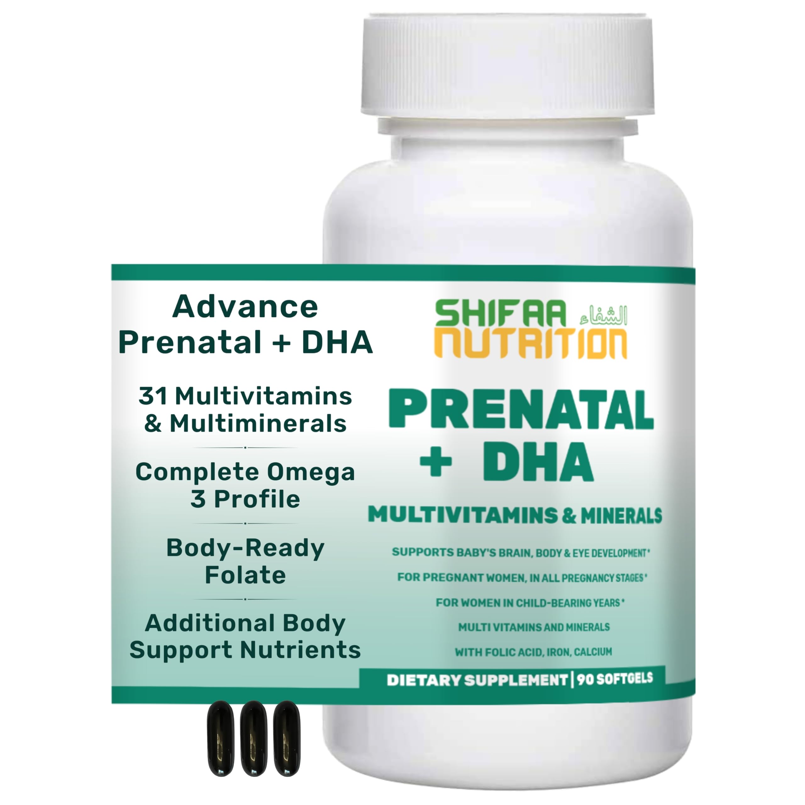 SHIFAA NUTRITION halal prenatal bottle showing complete multivitamins for mom and baby