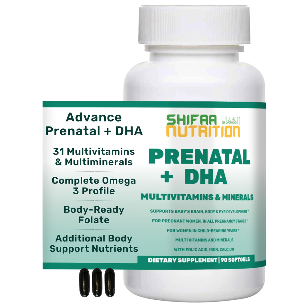 SHIFAA NUTRITION halal prenatal bottle showing complete multivitamins for mom and baby