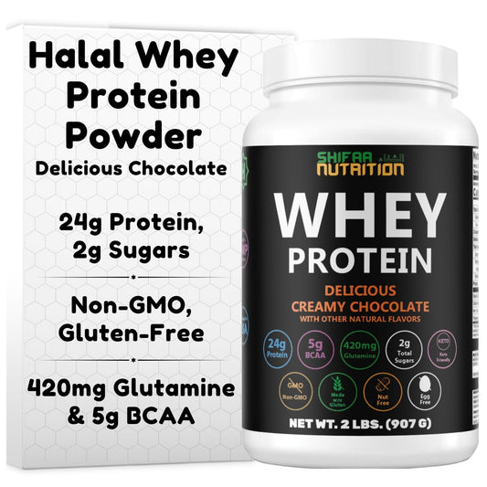 SHIFAA NUTRITION creamy chocolate whey protein tub for lean muscle support.