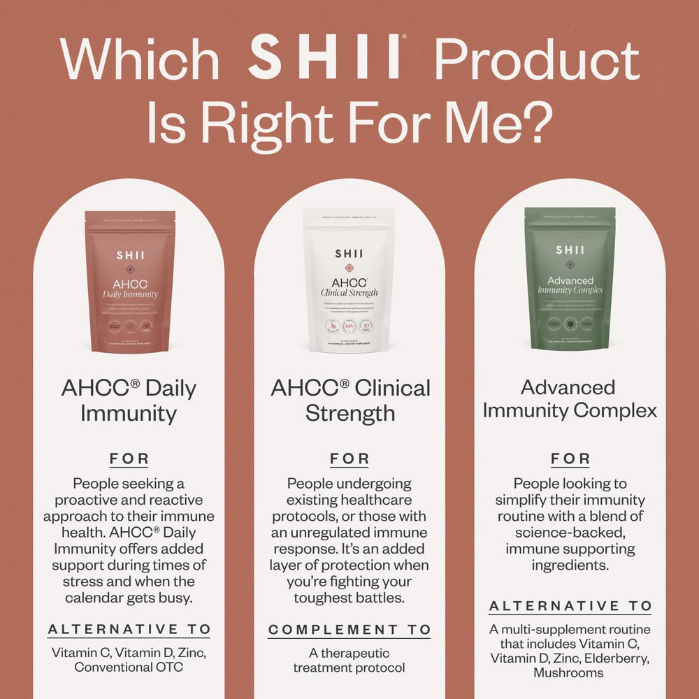 SHII AHCC powder vegan label highlighting plant-based formula.