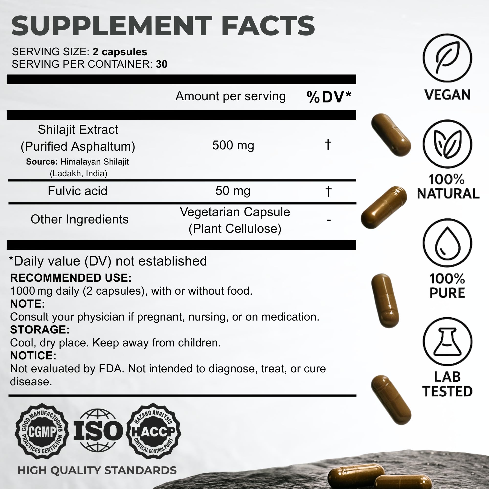 SHILAHEAL pure Shilajit extract capsules close-up showing 500mg potency for energy