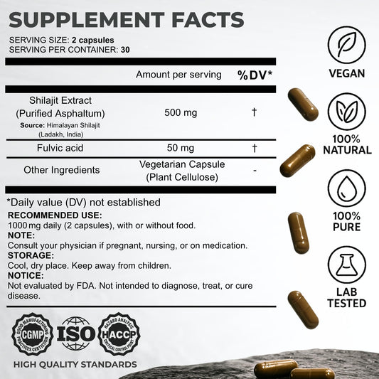 SHILAHEAL pure Shilajit extract capsules close-up showing 500mg potency for energy