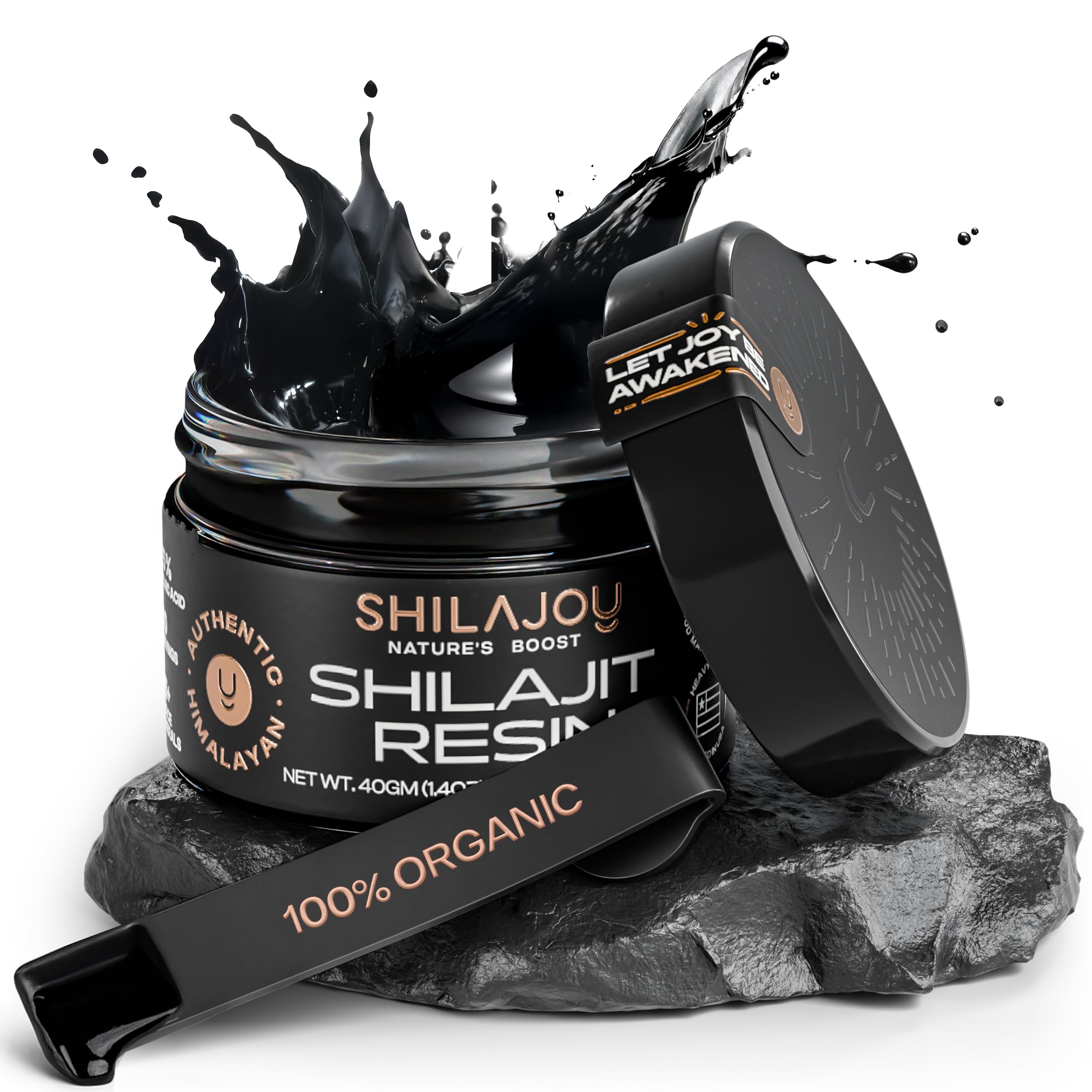 SHILAJOY organic Shilajit resin in a bottle showing Himalayan gold purity and energy support.