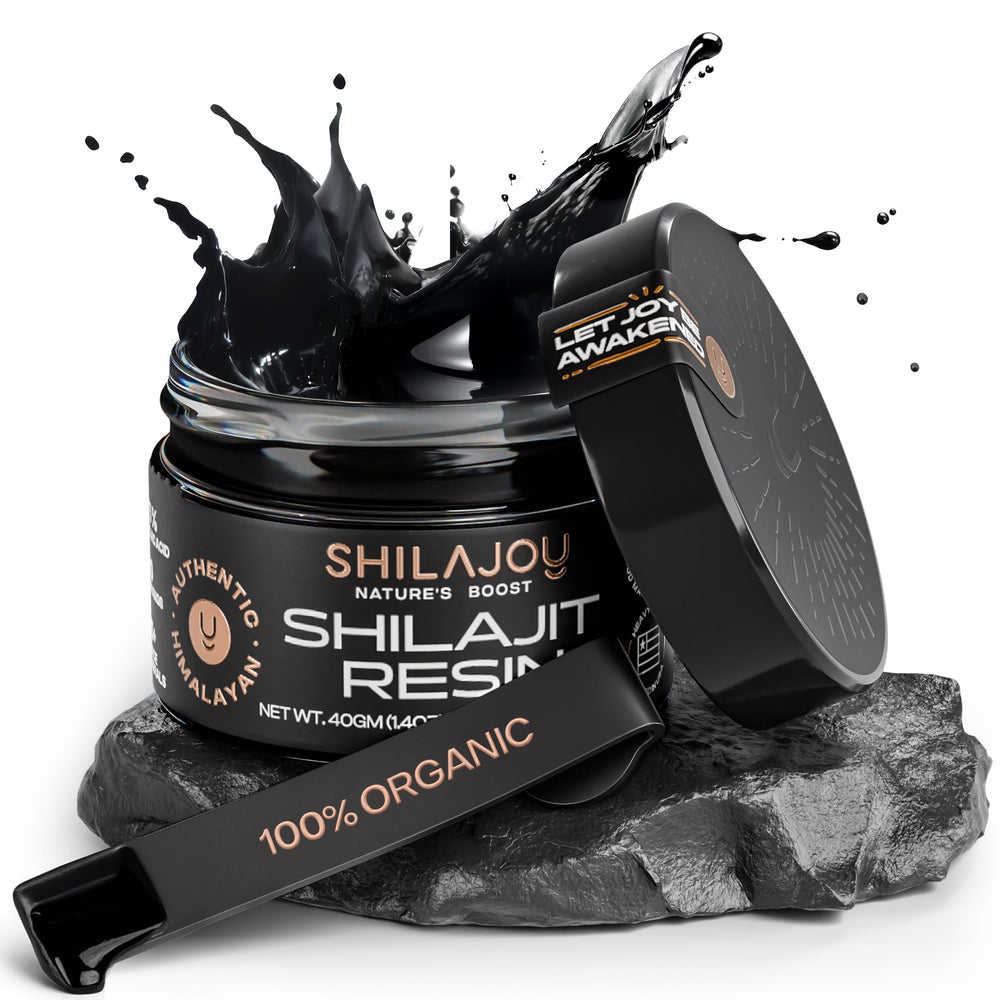 SHILAJOY organic Shilajit resin in a bottle showing Himalayan gold purity and energy support.