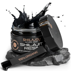 SHILAJOY organic Shilajit resin in a bottle showing Himalayan gold purity and energy support.