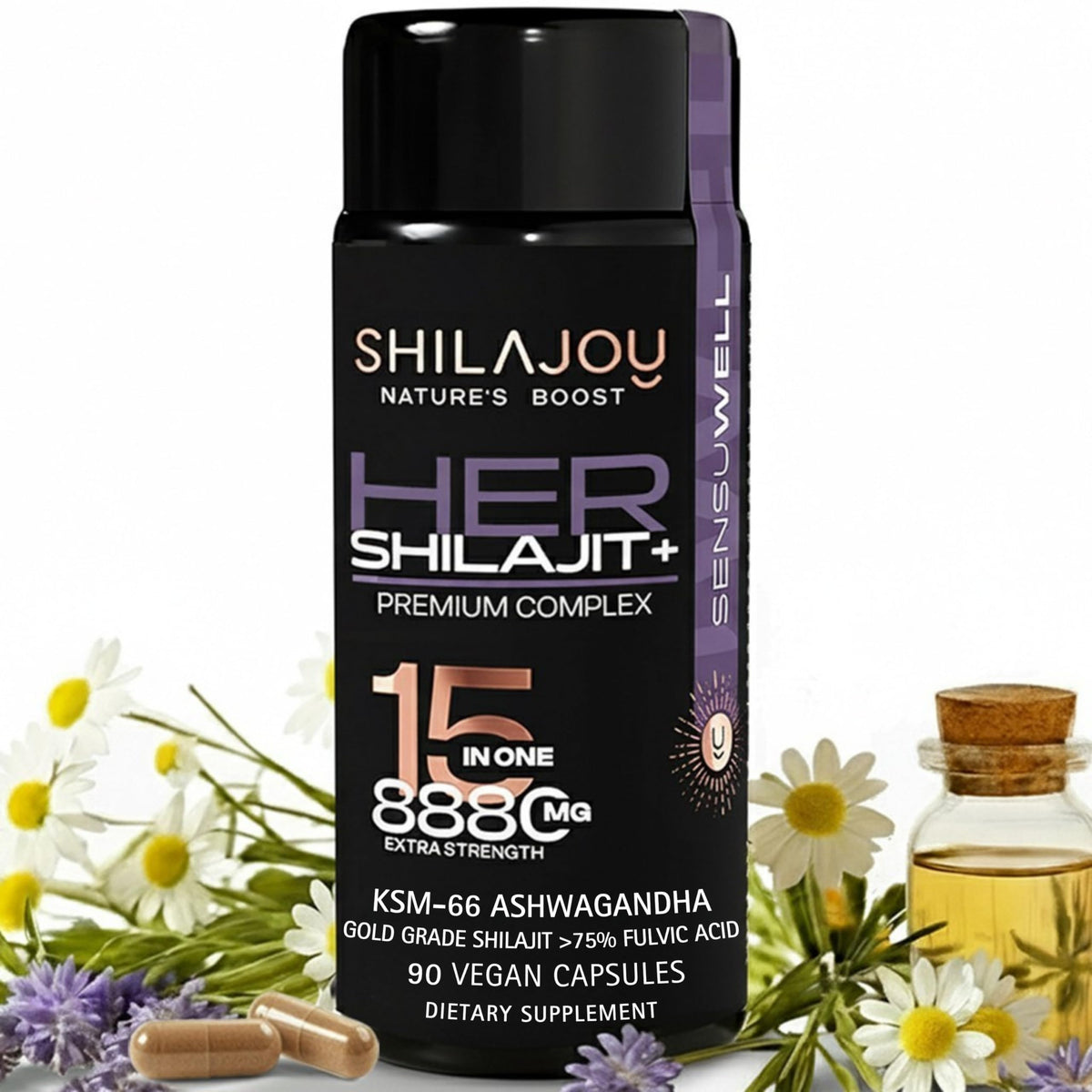 SHILAJOY Sensuwell bottle front view highlighting easy daily energy capsules.