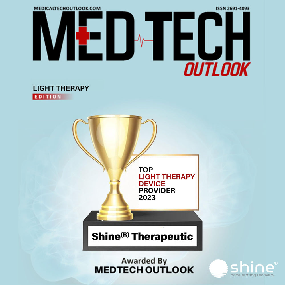 SHINE Relief device on desk demonstrates trusted home-use support and reliability.