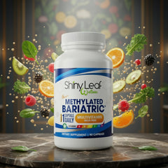 Bottle in use with hand taking a capsule from Shiny Leaf multivitamin
